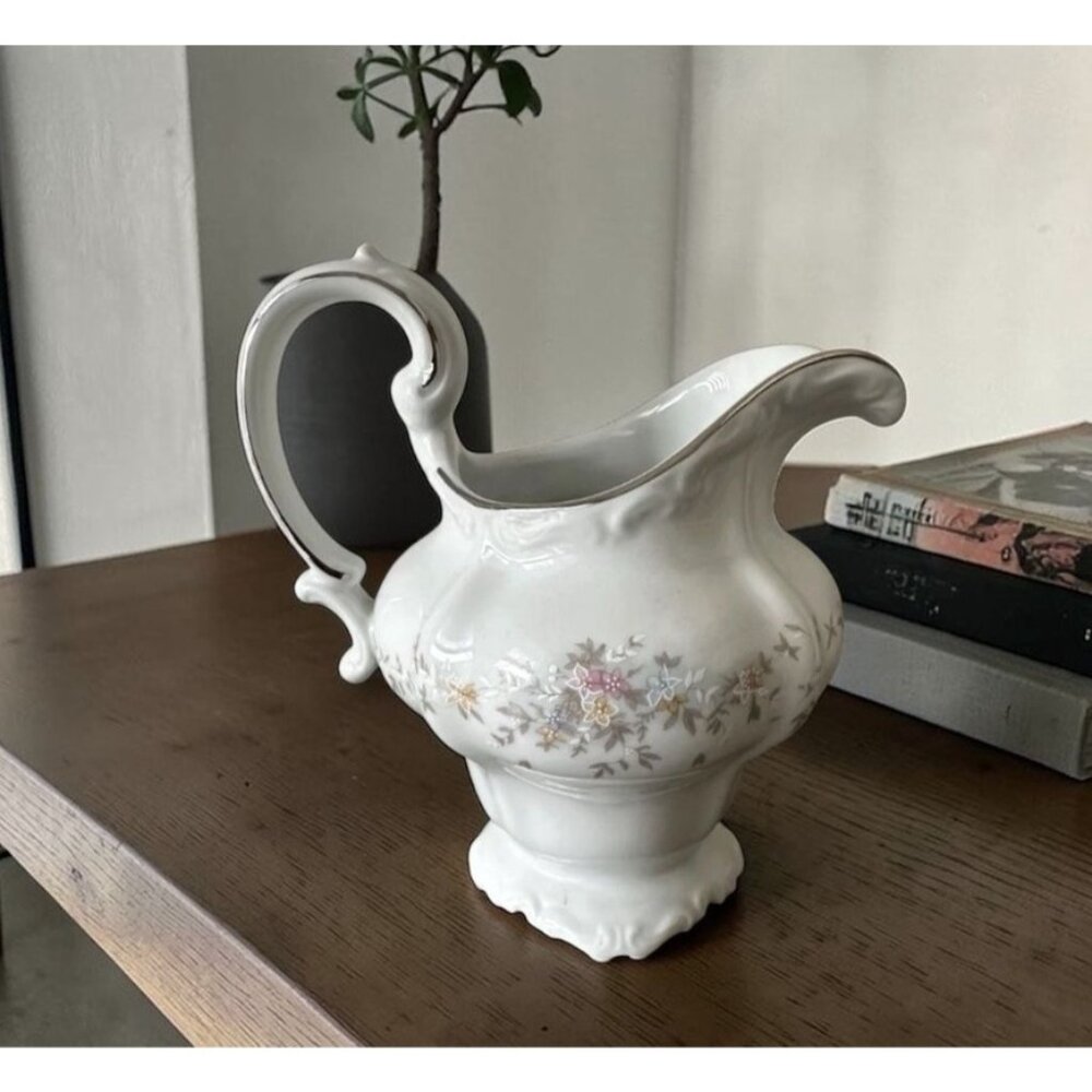 Johann Haviland Bavaria Germany Porcelain Creamer With Floral Design & Silver Tr